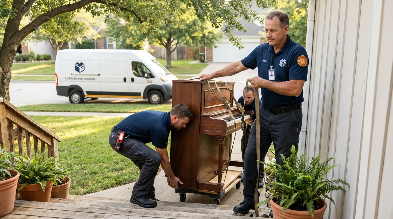 Licensed piano movers securing grand piano in Benton, TN