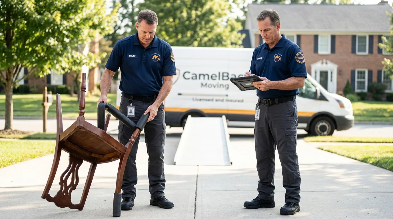 Movers inspecting furniture for damage prevention before loading in Benton, TN