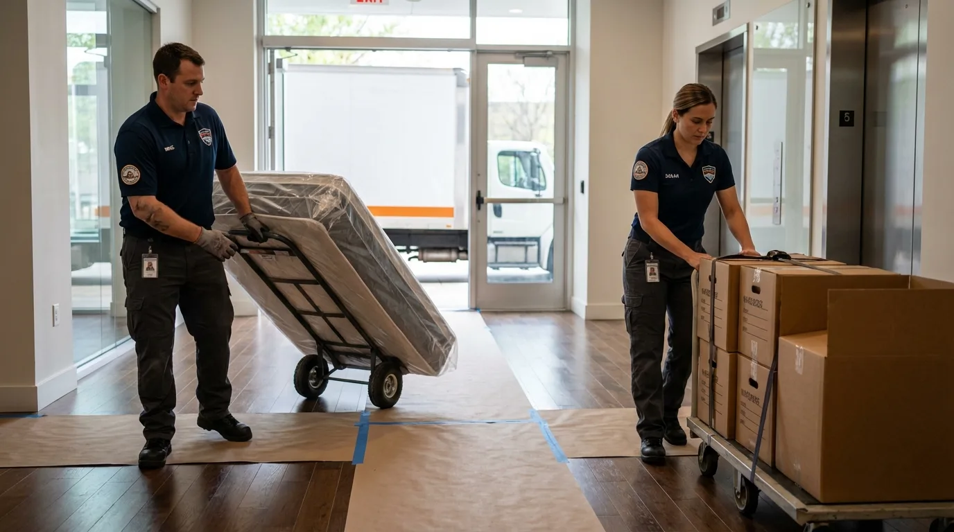Professional apartment movers loading elevator in Benton, TN