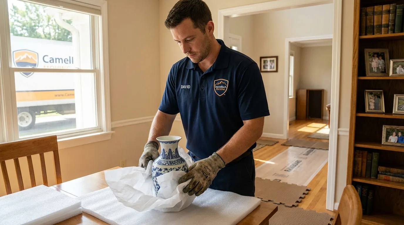 Professional crew carefully wrapping antique vase for senior downsizing move in Benton, TN